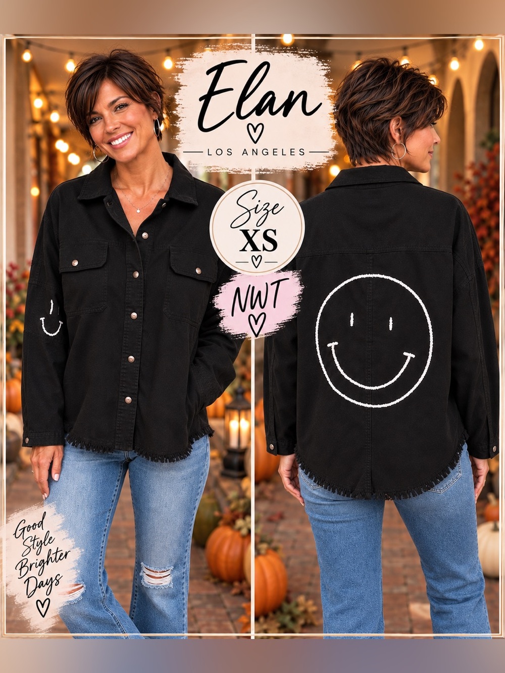 Elan Black Button-Front Smiley Shacket